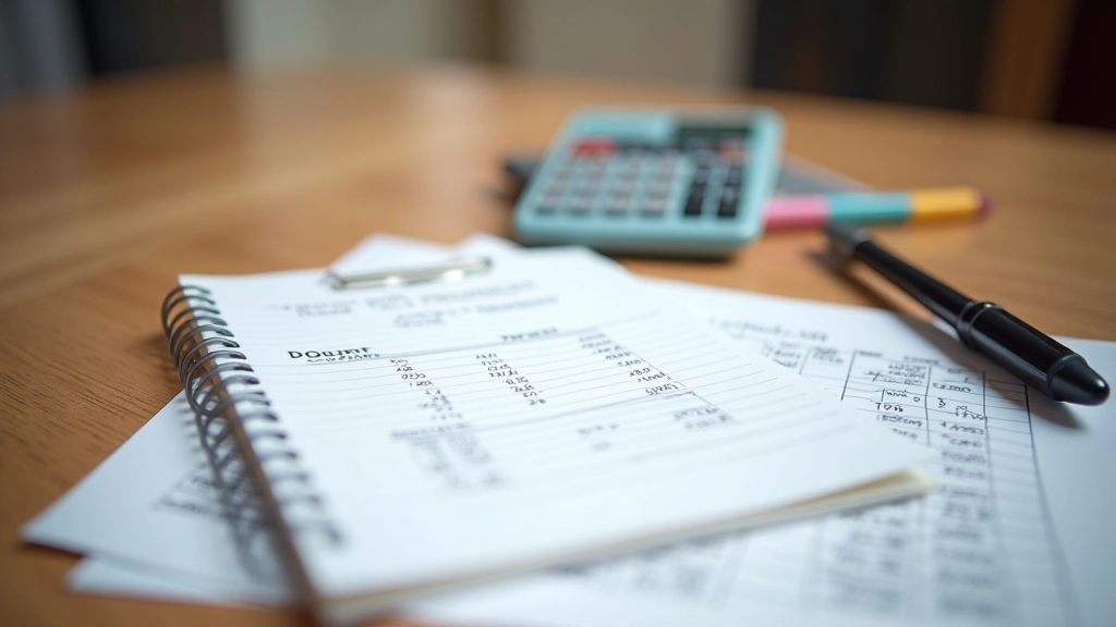 Tableau budgétaire avec calculatrice et notes écrites à la main listant les dépenses pour plusieurs activités enfants