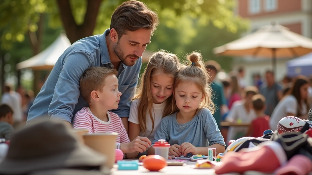 Parent et enfants parcourant les étals d'un vide-grenier pour trouver de l'équipement sportif d'occasion