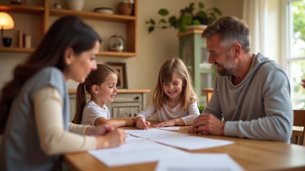 Famille en train de discuter des activités sportives et culturelles autour d'une table avec documents budgétaires