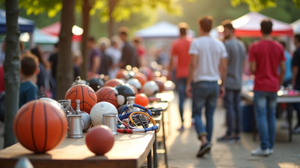 Étalages de vide-greniers avec équipement sportif d'occasion : vélos, ballons, raquettes et tenues de sport colorées