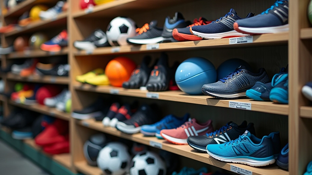 Étagère avec équipement sportif d'occasion : ballons, chaussures de sport, raquettes et gants