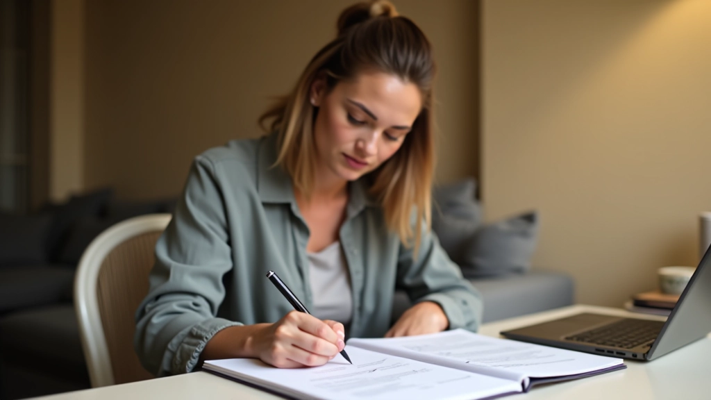 Femme remplissant un budget annuel détaillé pour les activités extrascolaires avec un classeur et des documents
