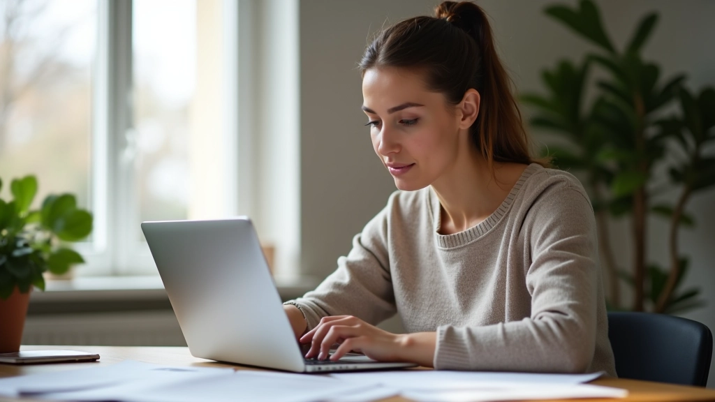 Femme consultant des documents de la CAF sur son ordinateur portable à la maison, papiers administratifs sur le bureau